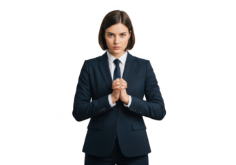 Serious businesswoman clenches fists in determined stance ready for action isolated on transparent background