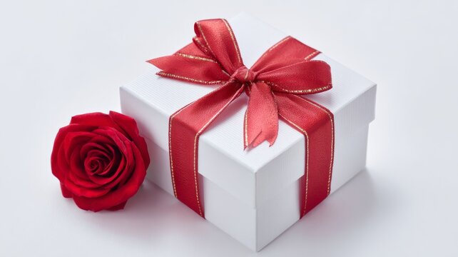 Elegant white gift box tied with satin red ribbon accompanied by a single red rose on a clean white background for valentine’s day celebration, romantic gift concept, and love-themed decoration