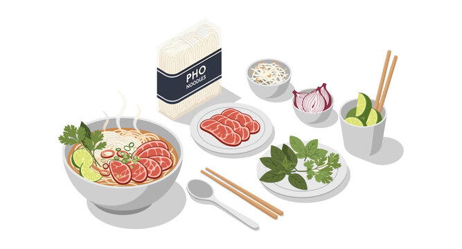 Delicious pho noodle soup ingredients with fresh herbs and spices