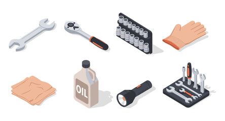 Essential car repair tools set in isometric style for diy mechanics