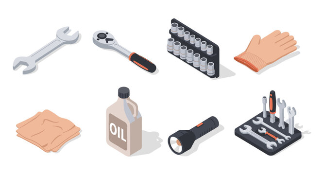 Essential car repair tools set in isometric style for diy mechanics