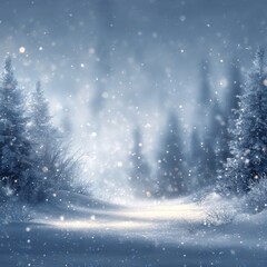 Naklejka premium Snowy winter forest with falling snowflakes and soft light on a quiet frozen landscape