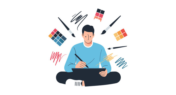 Artist using digital tablet with brushes and color swatches in modern flat style