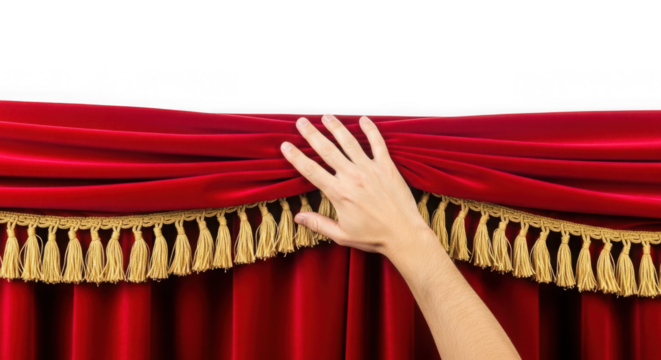 Woman s hand pulling open red velvet stage curtain isolated on transparent background