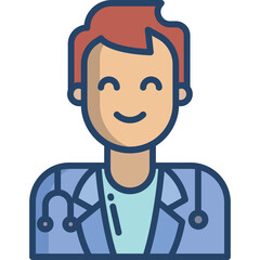 Smiling Male Doctor Wearing Blue Lab Coat and Stethoscope with Red Hair and Blue Eyes against a Transparent Background