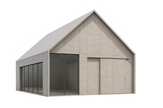 Contemporary barn house building showcasing a minimalist design with concrete finishes, large glass panels, and a transparent background