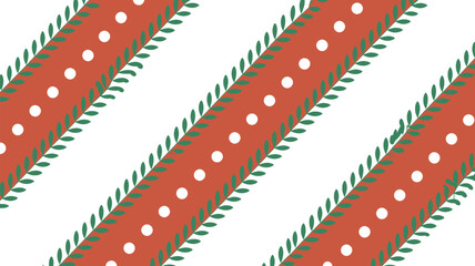 Obraz premium Diagonal pattern with red stripes, white dots, and green leaves on a white background design art