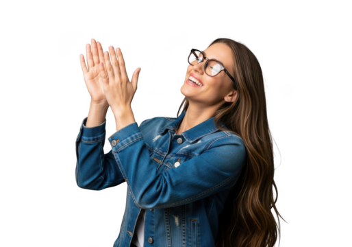 Joyful young woman with long brown hair wearing glasses and a denim jacket clapping her hands with a happy expression isolated on transparent background