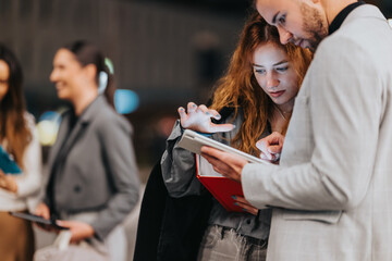 Two coworkers examine information on a tablet while notes and a red notebook are close at hand, conveying teamwork, focus, and professional collaboration in a modern office environment.