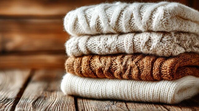 A cozy stack of folded knitted sweaters with varying textures on a rustic wooden backdrop