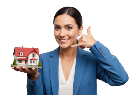 Smiling woman agent holding miniature house model gesturing call me sign isolated on transparent background - Powered by Adobe