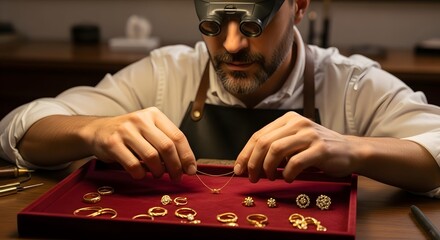 A man wearing protective glasses and an apron carefully examining and handling jewelry pieces in a well-lit workspace