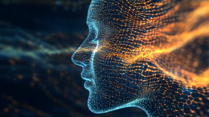 Digital human head with glowing nodes and connections representing artificial intelligence and neural networks in a futuristic technology concept
