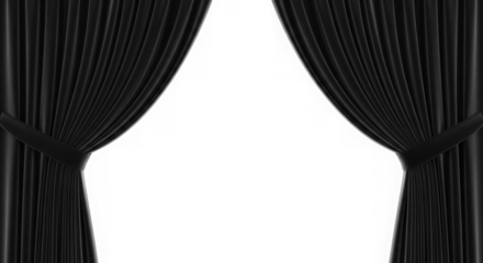 Black velvet stage curtains parting to reveal a dark space isolated on transparent background