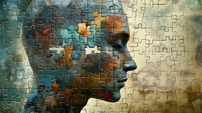 Abstract human head silhouette composed of jigsaw puzzle pieces in shades of blue brown and gold symbolizing complexity and problemsolving