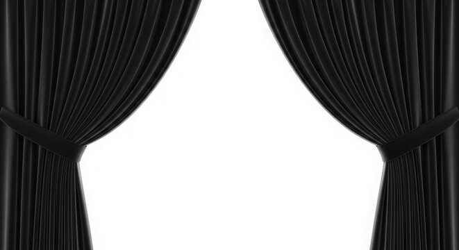 Black velvet stage curtains parting to reveal a dark space isolated on transparent background