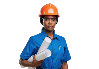 A determined female construction worker wearing an orange hard hat and blue uniform holding rolled blueprints isolated on transparent background