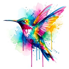 Obraz premium Vibrant watercolor illustration of a hummingbird with colorful splashes and dynamic brushstrokes creating an energetic and lively visual effect