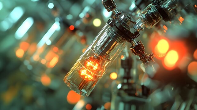 Closeup of glowing vacuum tubes showcases intricate details and warm light ideal for technology and vintage themes with a steampunk aesthetic