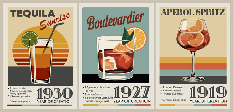 Retro-style cocktail triptych featuring Tequila Sunrise, Boulevardier, and Aperol Spritz posters. Bold colors, clean lines, vintage layouts, recipe text, and creation years 1930, 1927, 1919.