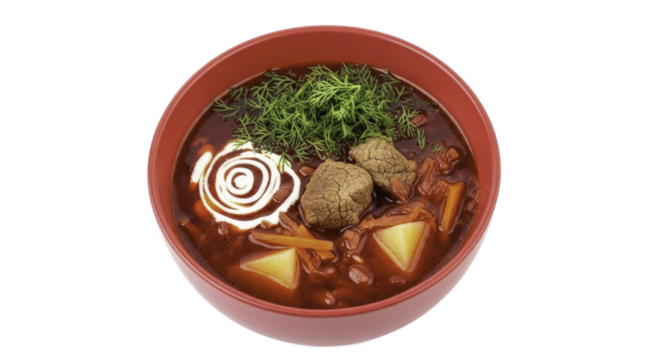 Hearty Ukrainian Borscht Soup in a Red Bowl Isolated on Transparent