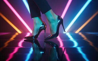 Close up of woman wearing high heel shoes standing on a reflective floor with neon lights