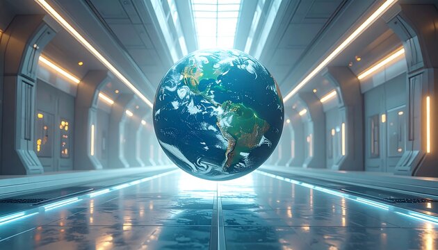 The Earth hovers in a futuristic corridor with reflective floors and luminous panels