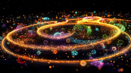 Abstract glowing particle streams create a mesmerizing spiral galaxy effect against a dark background perfect for science and technology visuals