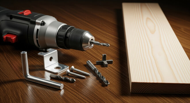 Electric drill with wood board and various hardware tools on a wooden surface ready for home improvement work
