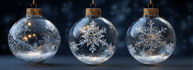Realistic hanging glass christmas balls empty and with snow. 3d xmas tree decoration, transparent crystal sphere with snowflakes vector set