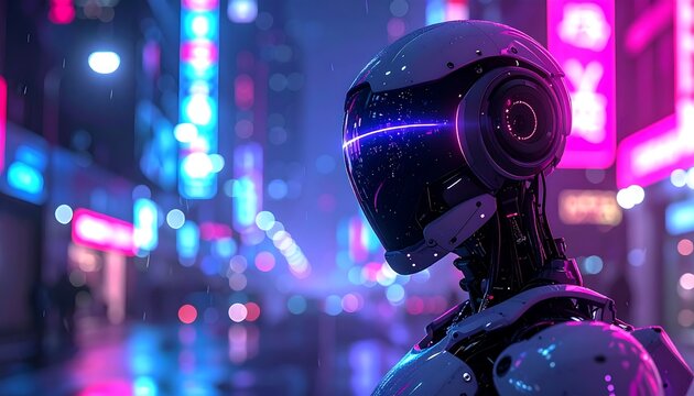 Sleek white robot stands futuristic city, neon lights, bokeh background, sleek design, cyberpunk aesthetic