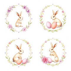 Obraz premium Cute watercolor Easter bunnies with pastel eggs inside floral wreaths, soft spring illustration with delicate flowers on white background.