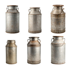 Six vintage metal milk cans in different sizes