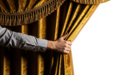 Hand pulling open a golden velvet theater curtain isolated on transparent background