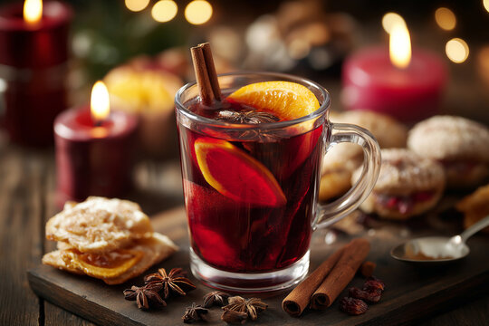 Hot mulled wine with orange slices and cinnamon sticks in a clear glass mug, placed next to festive snacks and holiday candles