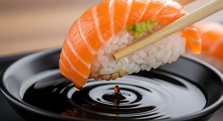 Close-up of a piece of fresh salmon sashimi being dipped into soy sauce with chopsticks in a traditional Japanese dish setting