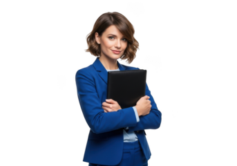 Professional woman in blue suit holding a folder with arms crossed isolated on transparent background
