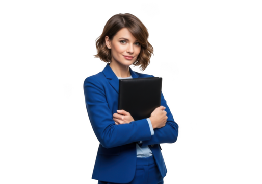 Professional woman in blue suit holding a folder with arms crossed isolated on transparent background