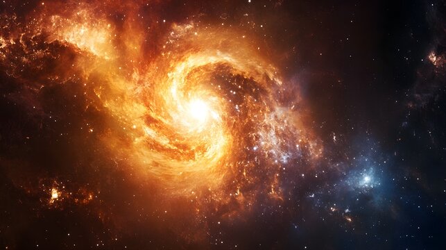 Stunning cosmic spiral galaxy shines brightly with orange and blue hues against a backdrop of distant stars and nebulous clouds in deep space