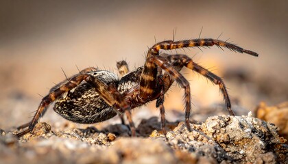 Striking close-up of a striped spider on textured ground, legs raised. Macro shot with blurred background