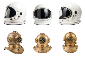 Collection of vintage astronaut and diving helmets
