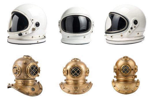 Collection of vintage astronaut and diving helmets