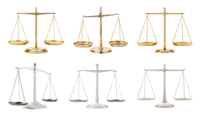 Six balance scales, justice and fairness concept