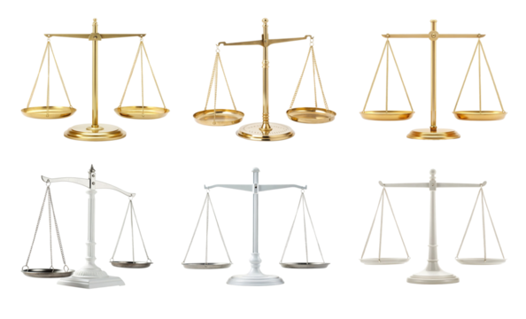 Six balance scales, justice and fairness concept