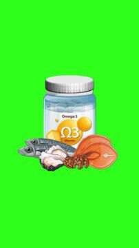 Omega-3 Supplement Bottle with Fish and Nut Ingredients Animation