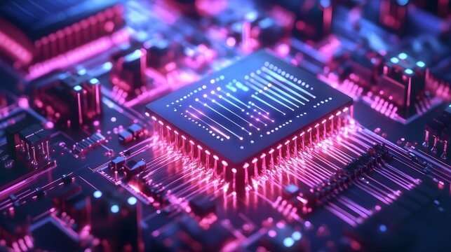 Illuminated computer chip on a circuit board glows with pink and blue neon lights showcasing technology and innovation in a futuristic design - Powered by Adobe