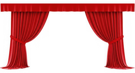 Elegant red stage curtains parted to reveal a dark space isolated on transparent background