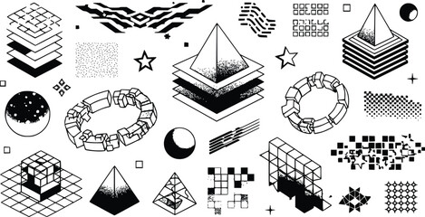 Abstract Geometric Composition – Pyramids, Circular Rings, Grids & Cosmic Shapes in Black and White