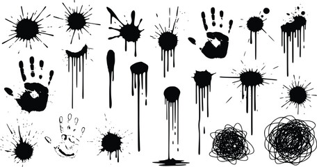 Ink Splatter & Handprint Texture Pack – Drips, Scribbles, Radial Blots & Chaotic Marks in Black on White