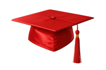 Red graduation cap and tassel, symbolizing academic success, completion, and higher education achievement